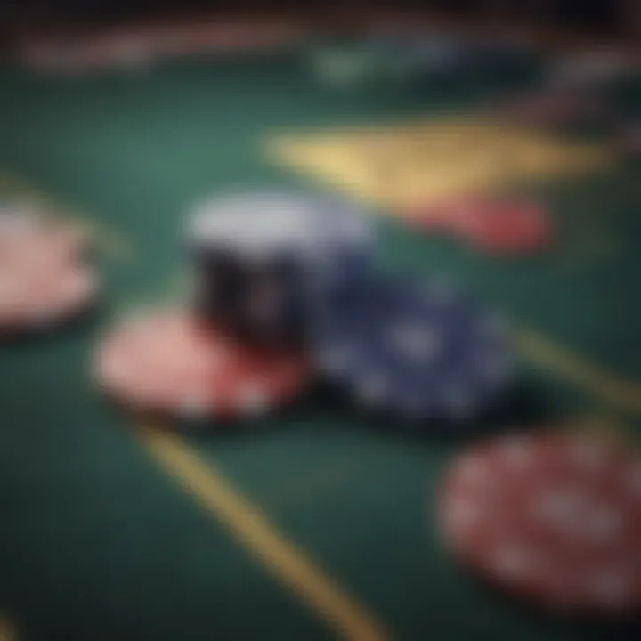 Close-up of poker chips and cards on a felt table