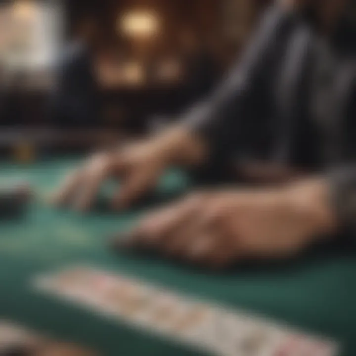 A close-up of a dealer managing a poker table