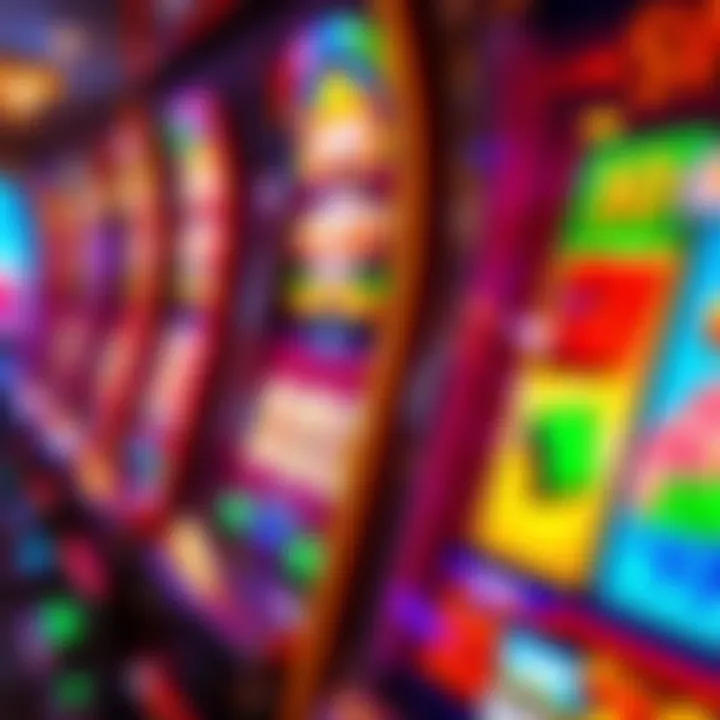 A close-up view of a colorful slot machine with dynamic graphics