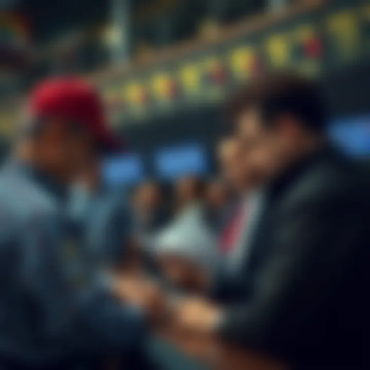 A group of bettors analyzing odds at a betting booth
