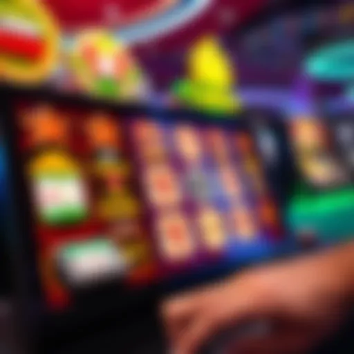 A vibrant visual of an online casino game interface featuring slots and card games