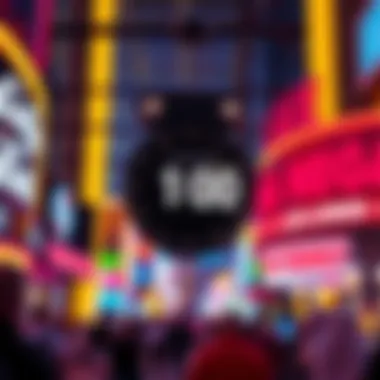 A vibrant countdown clock in a bustling Las Vegas setting