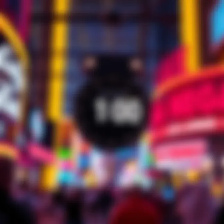 A vibrant countdown clock in a bustling Las Vegas setting