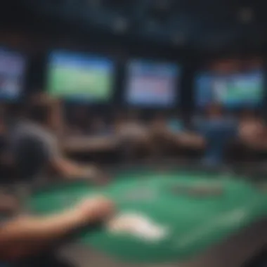 A vibrant atmosphere during a sports event at Fanduel Sportsbook with screens showing live matches.