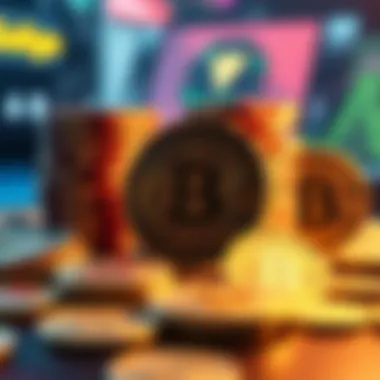 An illustration of various cryptocurrency tokens associated with gaming.