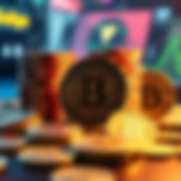 An illustration of various cryptocurrency tokens associated with gaming.