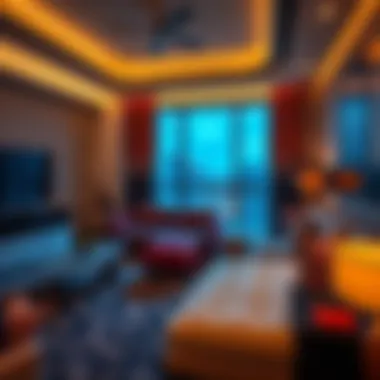 A luxurious hotel room adjacent to a live casino, showcasing modern design and comfort.