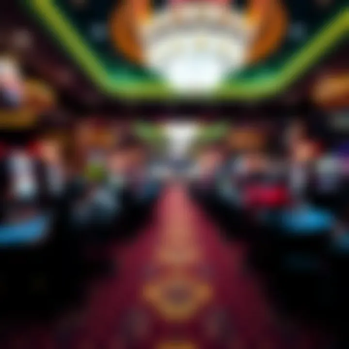 A panoramic view of a vibrant live casino floor with players engaged in various games.