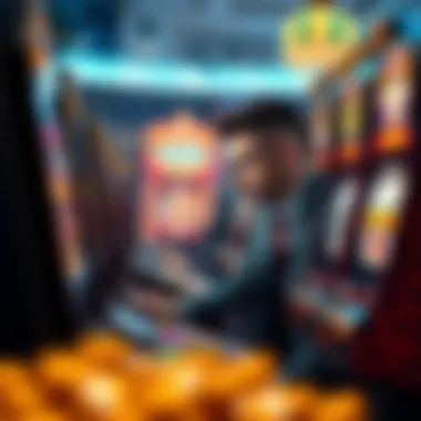 An illustration of a player strategizing their approach at a slot machine, highlighting analysis and concentration