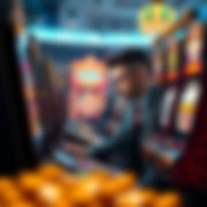 An illustration of a player strategizing their approach at a slot machine, highlighting analysis and concentration