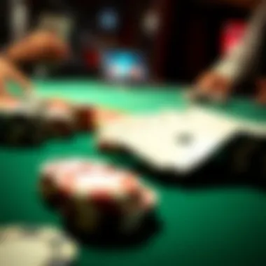 A close-up view of poker chips and cards on a digital table