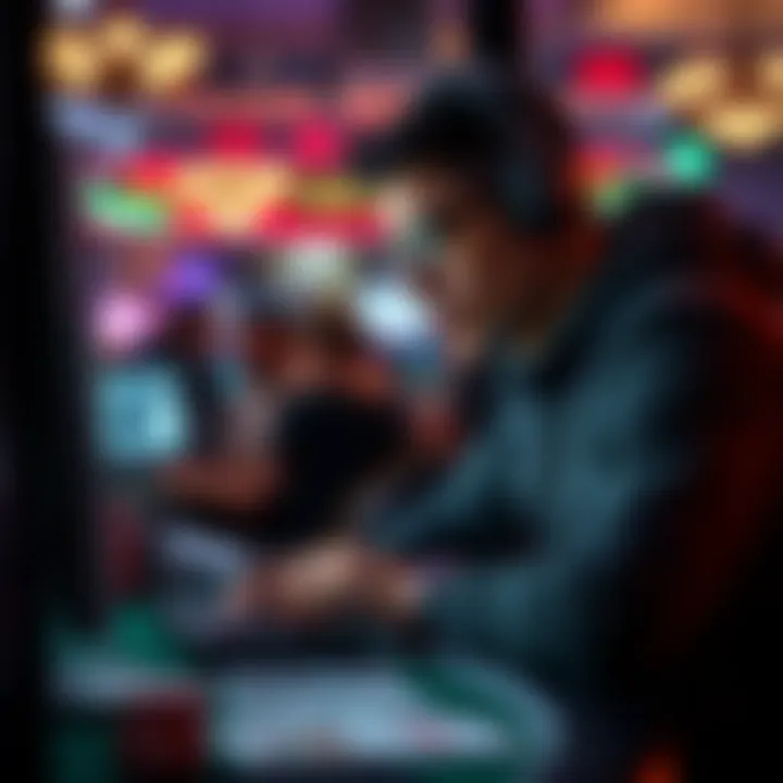 An online poker player focused on their screen with strategy guides beside them