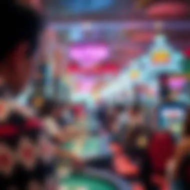 A vibrant Latino casino floor bustling with diverse patrons enjoying various games.