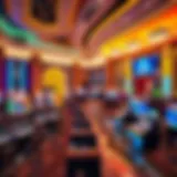 A panoramic view of a vibrant super casino with bright lights and grand architecture.