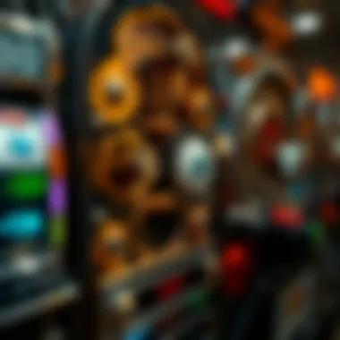 An intricate view of the mechanics behind slot machines.