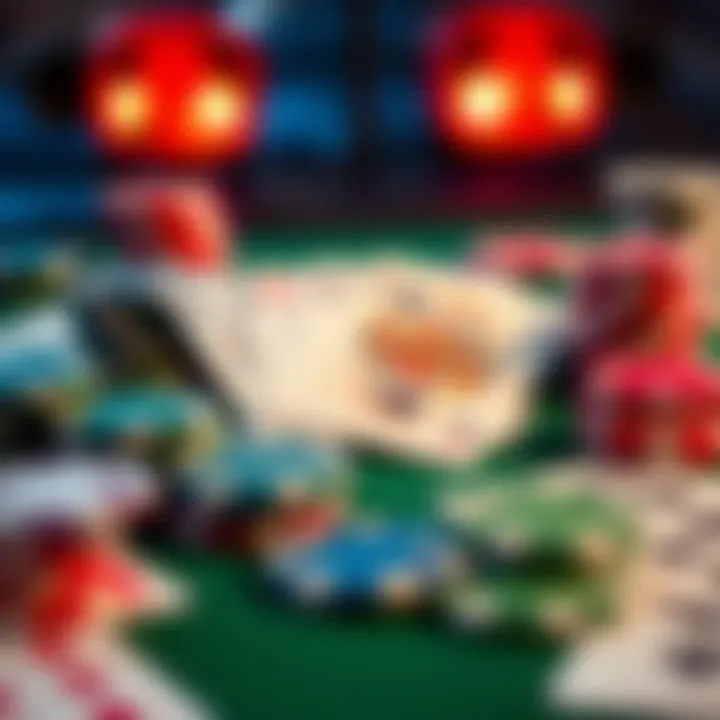 Various poker chips and cards spread out