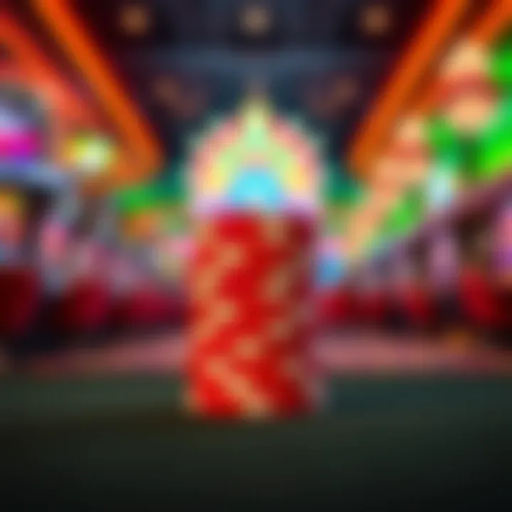 A stack of colorful free chips against a backdrop of a vibrant casino floor, symbolizing opportunities in gambling