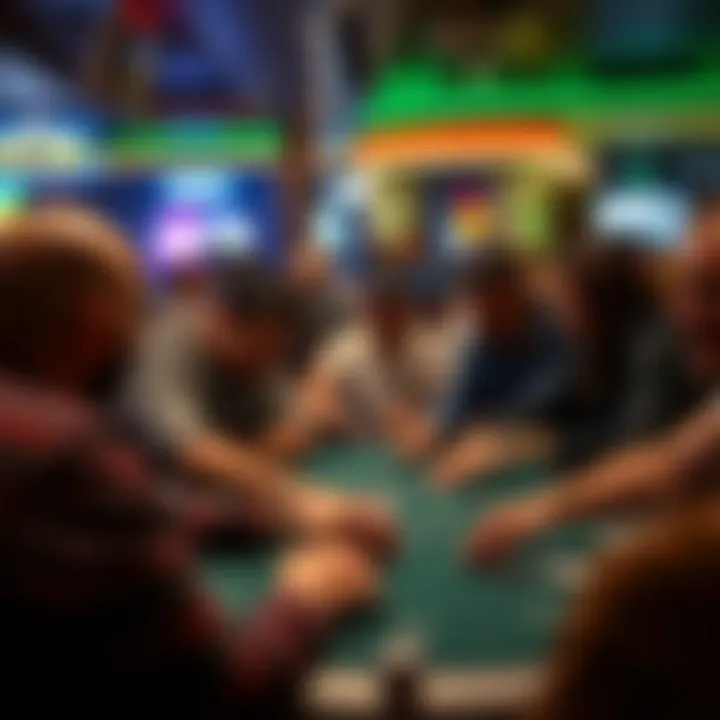 A diverse group engaged in a thrilling poker game, showcasing excitement and strategy