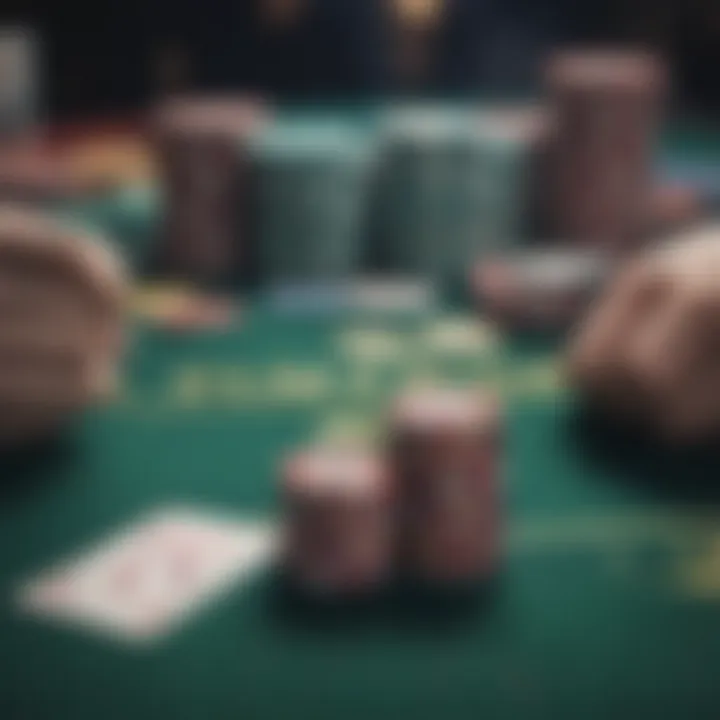 A close-up of a poker table filled with chips