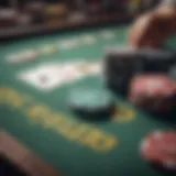 A close-up of poker chips and cards on a virtual gaming table