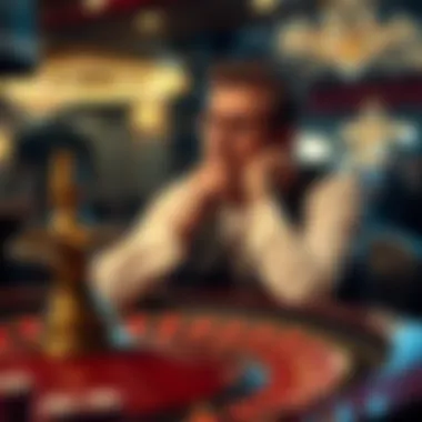 A thoughtful player contemplating their next move at a roulette table surrounded by chips.