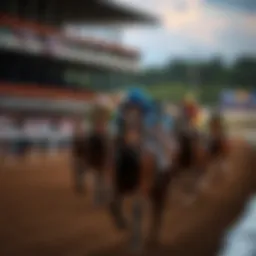 A vibrant horse racing track in Massachusetts featuring horses in action